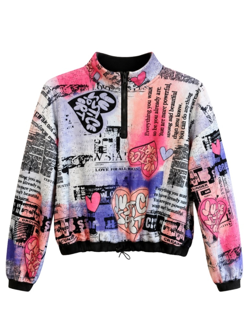 Justice Pink Orange & Purple Graffiti Print Quarter-Zip Sweatshirt – Size XL GUC